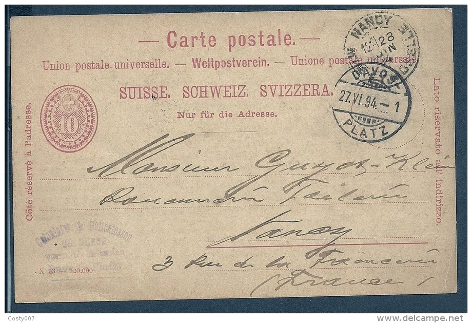 Switzerland 1894 Postal History Rare Old Postcard Postal Stationery To France D.317 - Briefe U. Dokumente