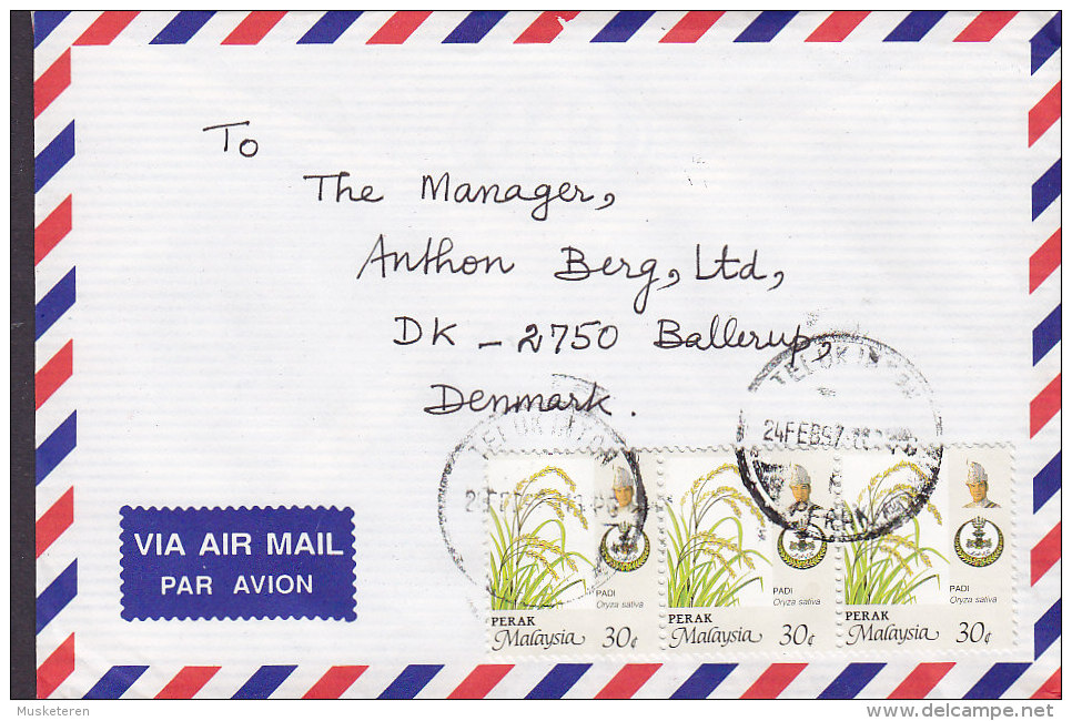 Perak Airmail Par Avion TELUKINTON 1997 Cover Brief To BALLERUP Denmark 3-Stripe Padi Stamps - Perak