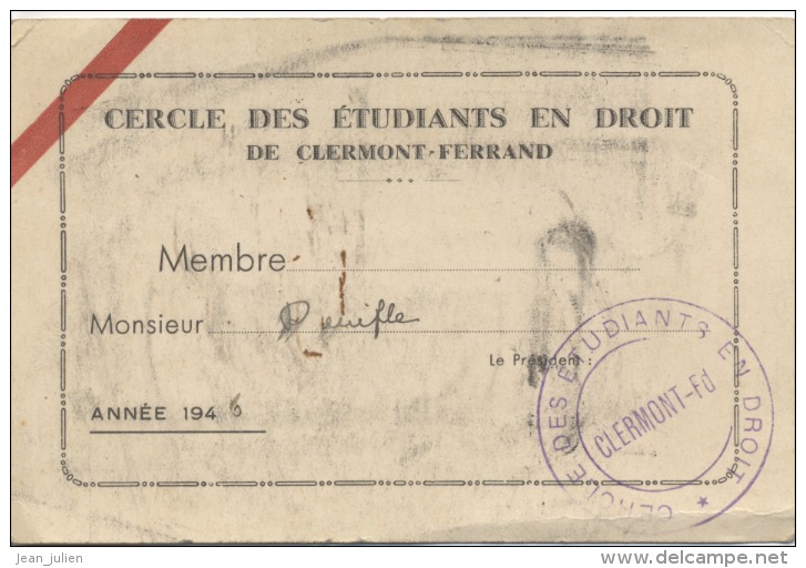 63  -  ASSOCIATION - MEMBRE  CERCLE Des ETUDIANTS En DROIT De CLERMONT-FERRAND  - 1946 - Diploma's En Schoolrapporten