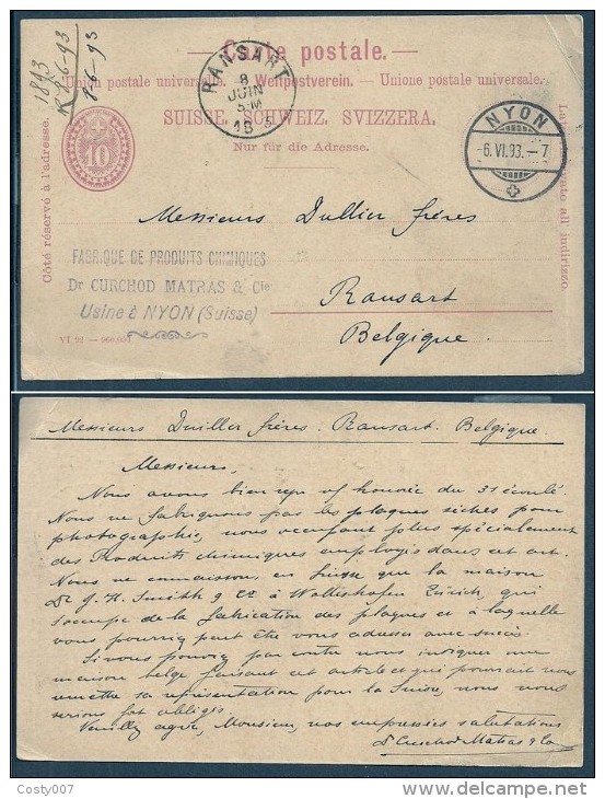 Switzerland 1893 Postal History Rare Old Postcard Postal Stationery Nyon To Belgium D.341 - Lettres & Documents