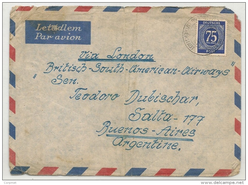 GERMANY VF 1938 COVER Via LONDON - BRITISH SOUTH AMERICAN AIRWAYS From LUTHERSTADT  To BUENOS AIRES -  75 Pf. Solo Stamp - Other & Unclassified