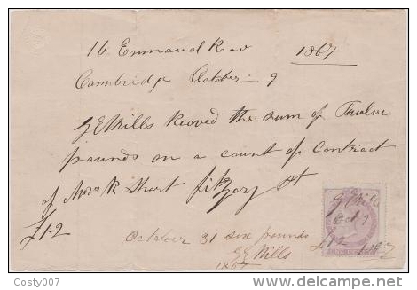 Great Britain 1867 Postal History Rare One Penny Revenue Stamp On Money Receipt - Heavy Folds D.396 - Cartas & Documentos