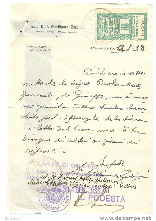 S.VENANZIO DI GALLIERA, CERTIFICATO MEDICO,1938, TIMBRO ISTITUTO NAZIONALE FASCISTA  PREVIDENZA SOCIALE, MARCA SINDACATC - Documentos Históricos