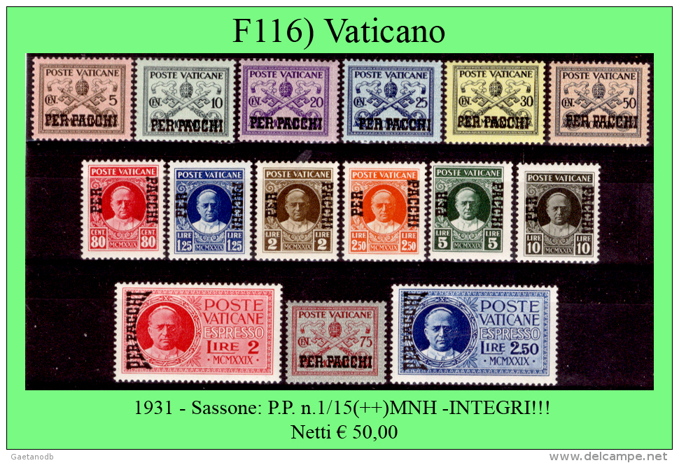 Vaticano-F0116 - 1931 - Sassone: P.P. N.1/15(++)MNH - INTEGRI!!! - Postpakketten