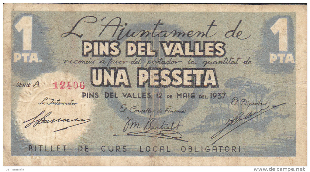 BILLETE LOCAL GUERRA CIVIL 1 PTS  AYUNTAMIENTO PINS DEL VALLES - Autres & Non Classés