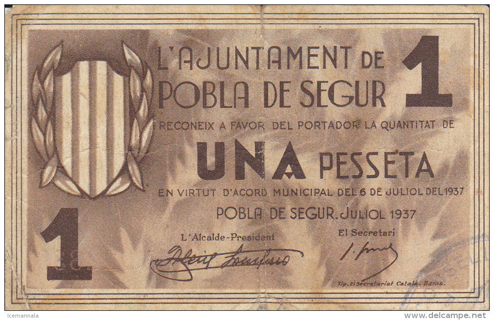 BILLETE LOCAL GUERRA CIVIL 1 PTS AYUNTAMIENTO POBLA DE SEGUR - Autres & Non Classés