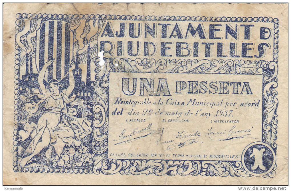 BILLETE LOCAL GUERRA CIVIL 1 PTS AYUNTAMIENTO DE RIUDEBITLLES - Autres & Non Classés