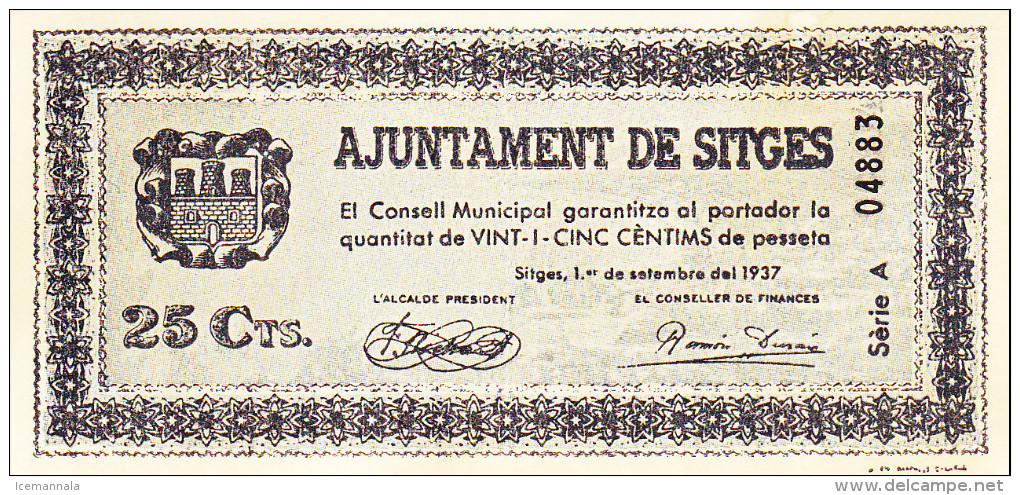 BILLETE LOCAL GUERRA CIVIL 25 CTS AYUNTAMIENTO DE SITGES - Autres & Non Classés