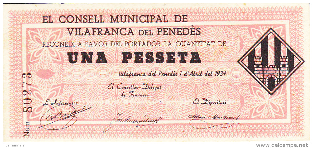 BILLETE LOCAL GUERRA CIVIL 1 PTS CONSELL MUNICIPAL DE VILAFRANCA DEL PENEDES - Autres & Non Classés