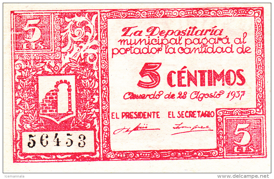 BILLETE LOCAL GUERRA CIVIL 5 CTS CONSEJO MUNICIPAL DE CRAUS - Autres & Non Classés