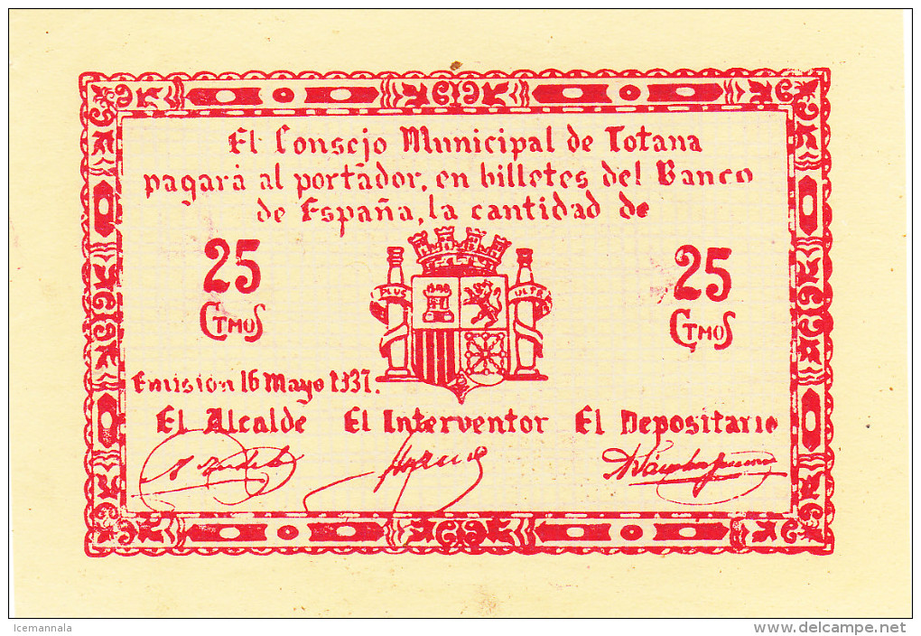 BILLETE LOCAL GUERRA CIVIL 25 CTS CONSEJO MUNICIPAL DE TOTANA - Autres & Non Classés