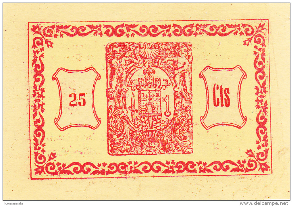 BILLETE LOCAL GUERRA CIVIL 25 CTS CONSEJO MUNICIPAL DE TOTANA - Autres & Non Classés