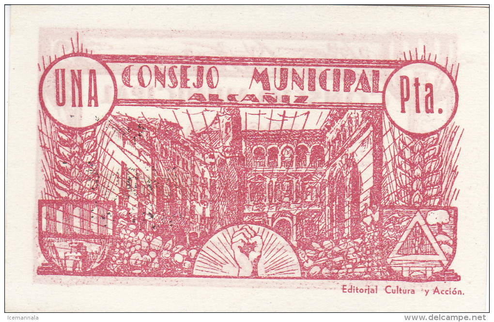 BILLETE LOCAL GUERRA CIVIL 1 PTS CONSEJO MUNICIPAL ALCAÑIZ - Autres & Non Classés