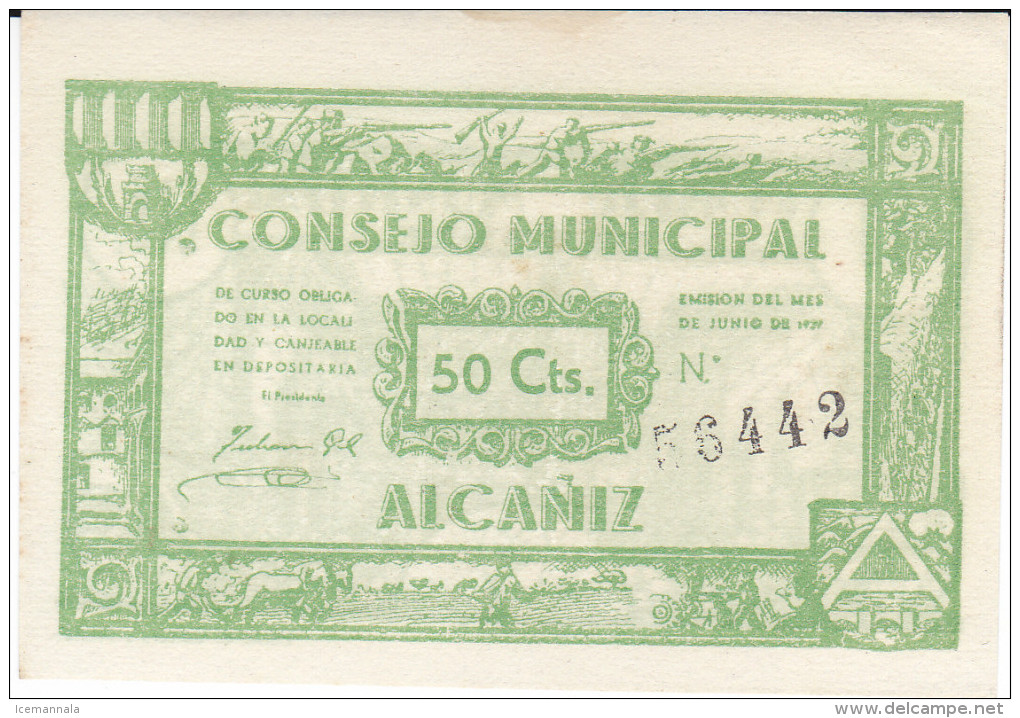 BILLETE LOCAL GUERRA CIVIL 50 CTS CONSEJO MUNICIPAL ALCAÑIZ - Autres & Non Classés