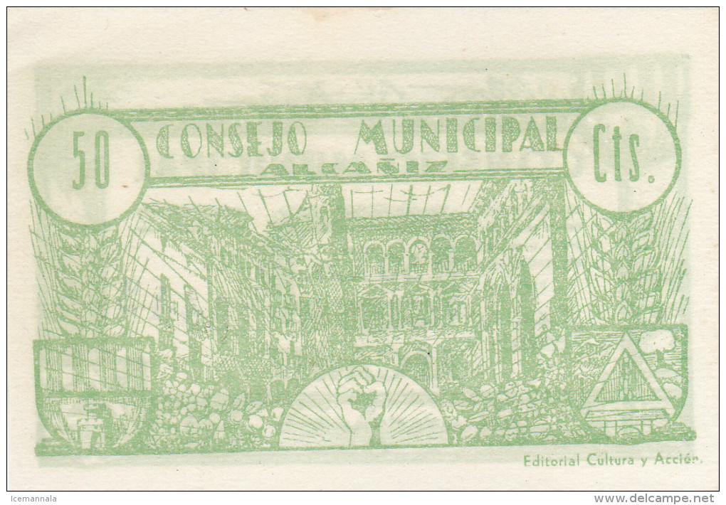 BILLETE LOCAL GUERRA CIVIL 50 CTS CONSEJO MUNICIPAL ALCAÑIZ - Autres & Non Classés