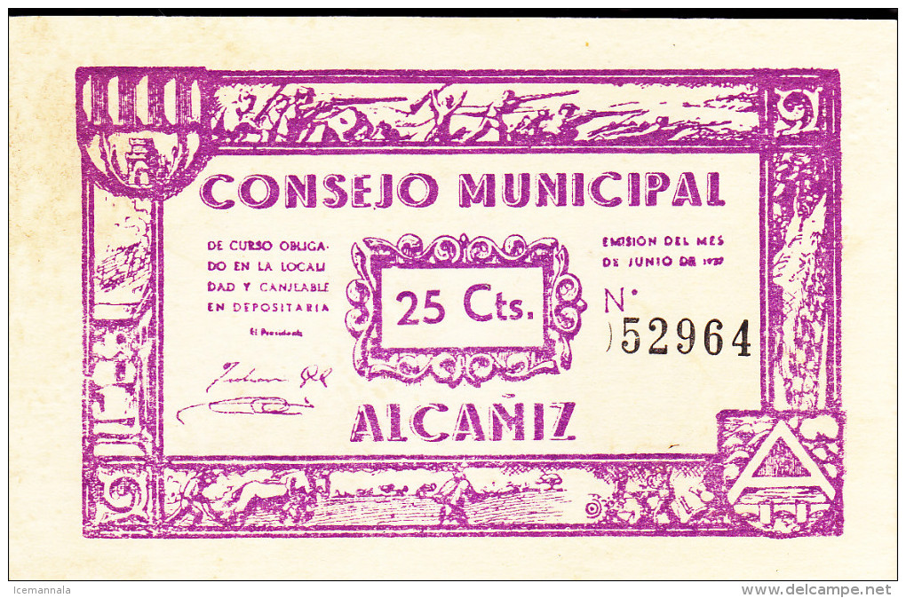 BILLETE LOCAL GUERRA CIVIL 25 CTS CONSEJO MUNICIPAL ALCAÑIZ - Autres & Non Classés