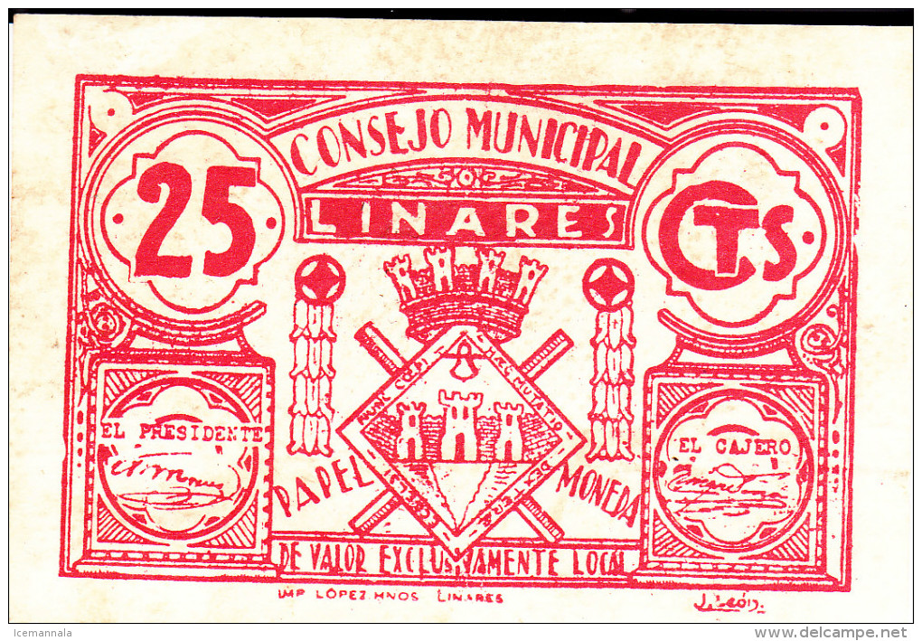 BILLETE LOCAL GUERRA CIVIL 25 CTS CONSEJO MUNICIPAL LINARES - Autres & Non Classés