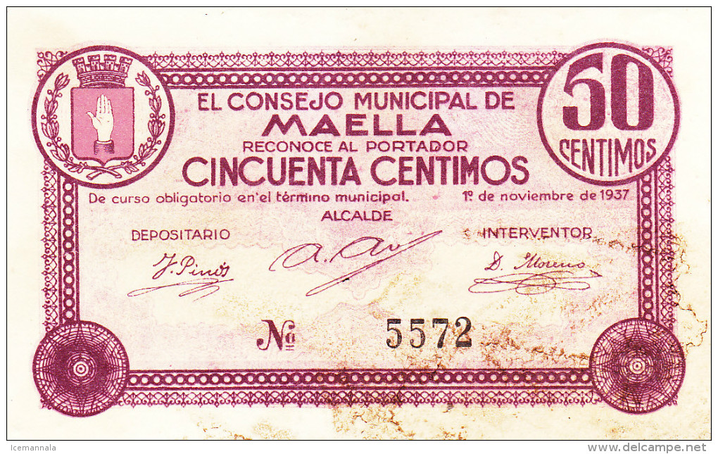 BILLETE LOCAL GUERRA CIVIL 50 CTS CONSEJO MUNICIPAL DE MAELLA - Autres & Non Classés