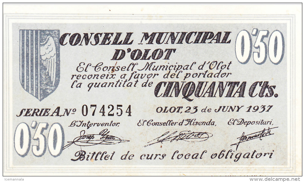 BILLETE LOCAL GUERRA CIVIL 50 CTS CONSELL MUNICIPAL D`OLOT - Autres & Non Classés