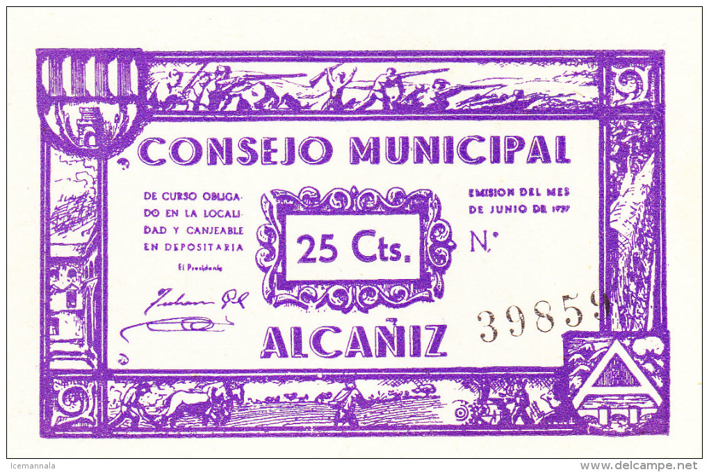 BILLETE LOCAL GUERRA CIVIL 25 CTS CONSEJO MUNICIPAL ALCAÑIZ - Autres & Non Classés