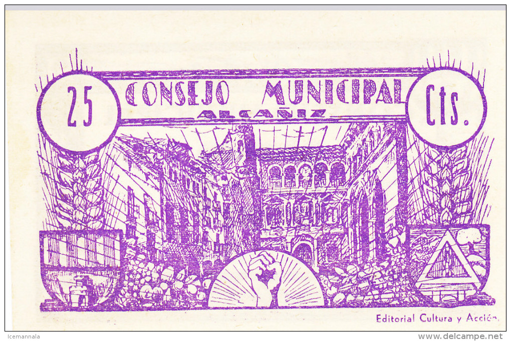 BILLETE LOCAL GUERRA CIVIL 25 CTS CONSEJO MUNICIPAL ALCAÑIZ - Autres & Non Classés