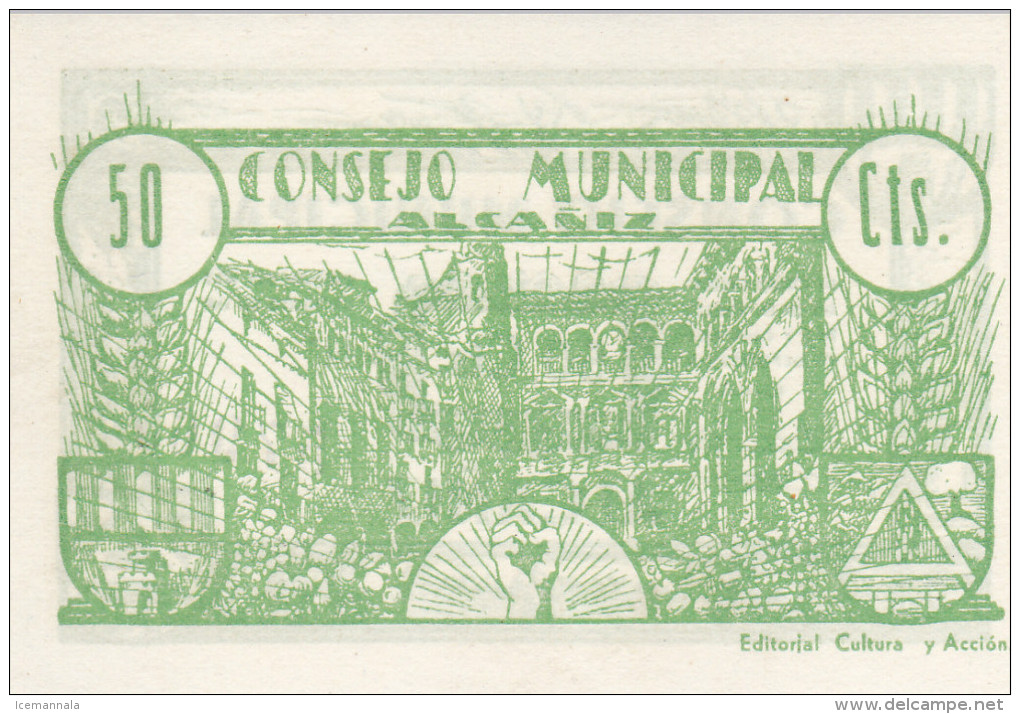 BILLETE LOCAL GUERRA CIVIL 50 CTS CONSEJO MUNICIPAL DE ALCAÑIZ - Autres & Non Classés