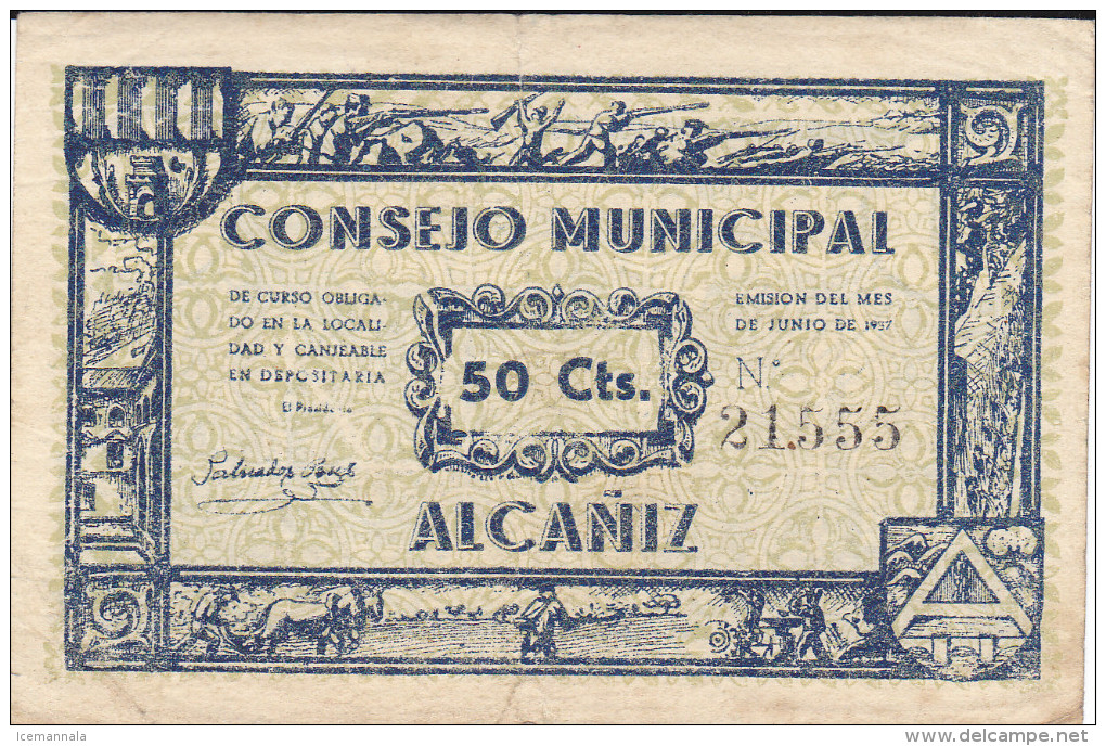 BILLETE LOCAL GUERRA CIVIL 50 CTS CONSEJO MUNICIPAL DE ALCAÑIZ - Autres & Non Classés