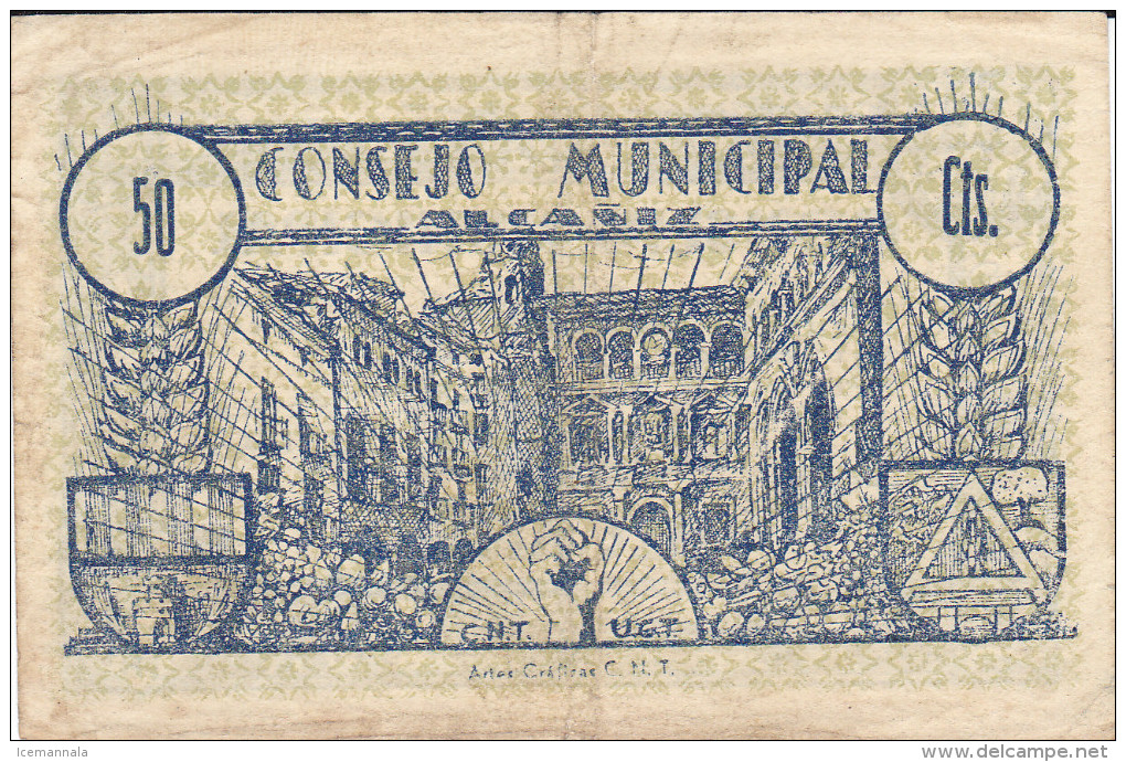 BILLETE LOCAL GUERRA CIVIL 50 CTS CONSEJO MUNICIPAL DE ALCAÑIZ - Autres & Non Classés