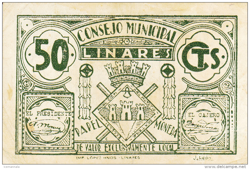 BILLETE LOCAL GUERRA CIVIL 50 CTS CONSEJO MUNICIPAL LINARES - Autres & Non Classés