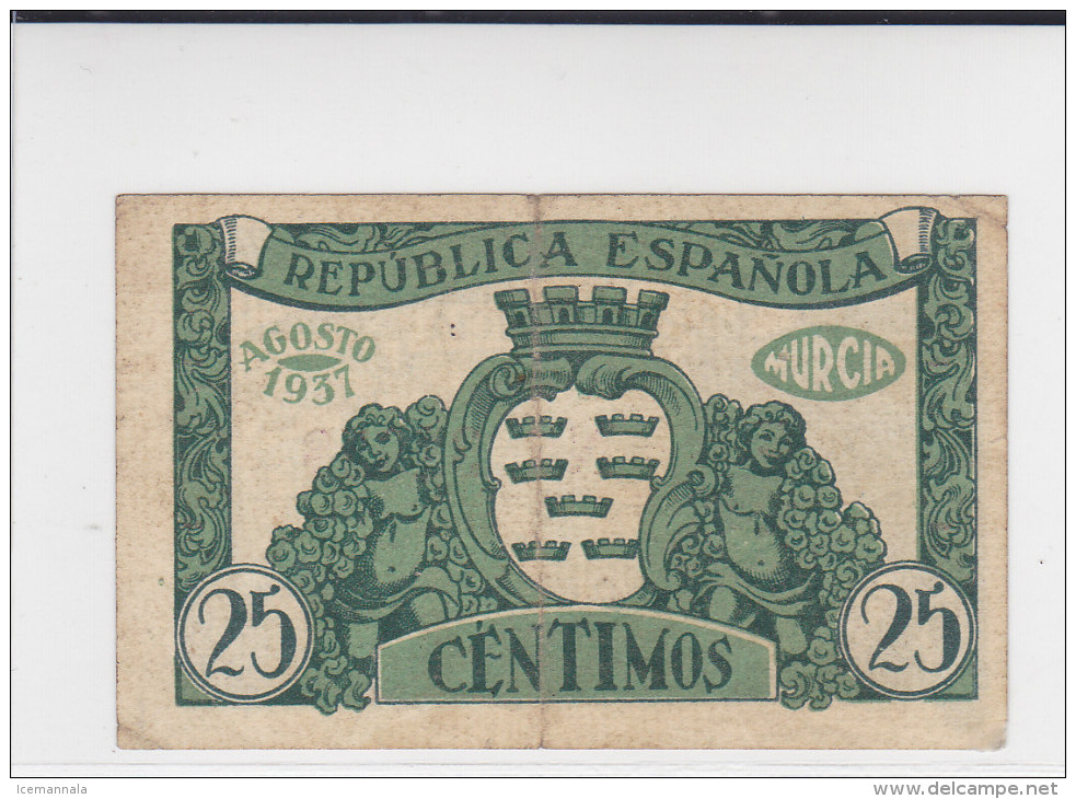 BILLETE LOCAL GUERRA CIVIL 25 CTS CONSEJO MUNICIPAL DE MURCIA - Autres & Non Classés