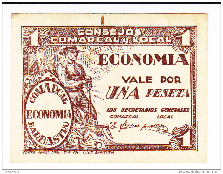 BILLETE LOCAL GUERRA CIVIL 1 PTS CONSEJO MUNICIPAL DE BARBASTRO - Autres & Non Classés