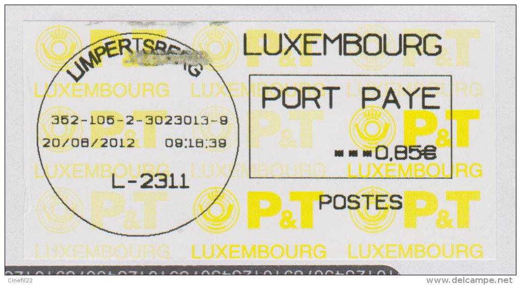 Luxembourg, Vignette D'affranchissementt Port Payé 2012, Sur Lettre - Automatenmarken