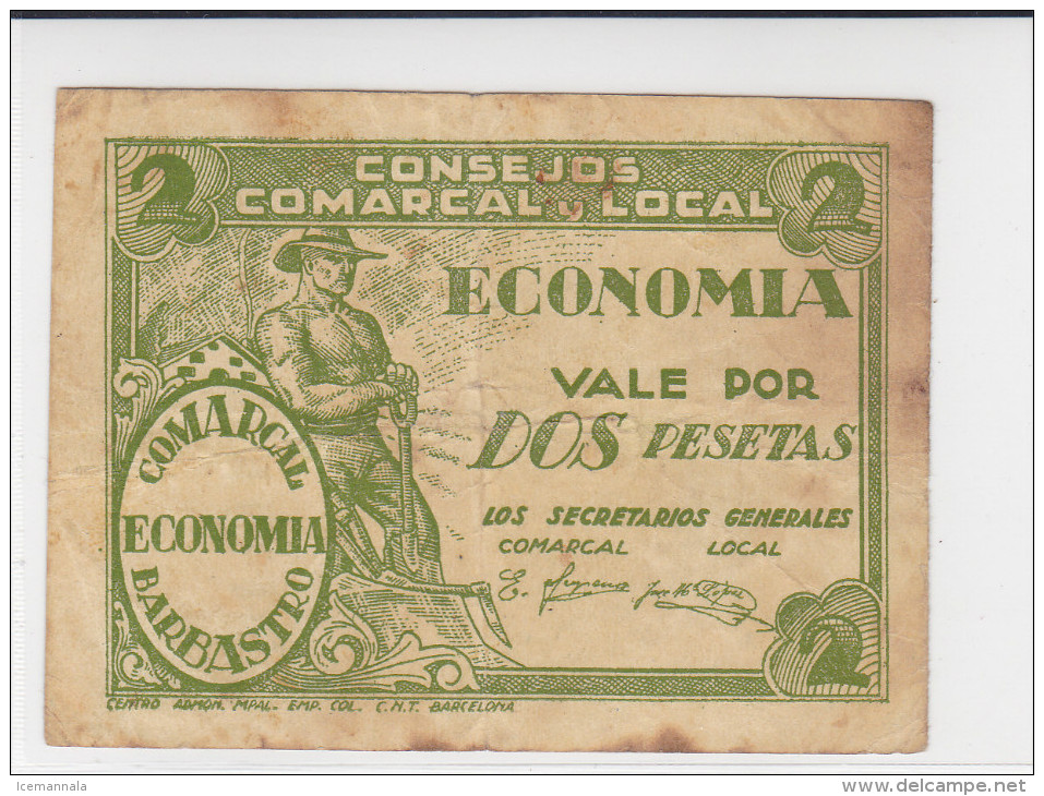 BILLETE LOCAL GUERRA CIVIL 2 PTS CONSEJO COMARCAL Y LOCAL DE BARBASTRO - Autres & Non Classés