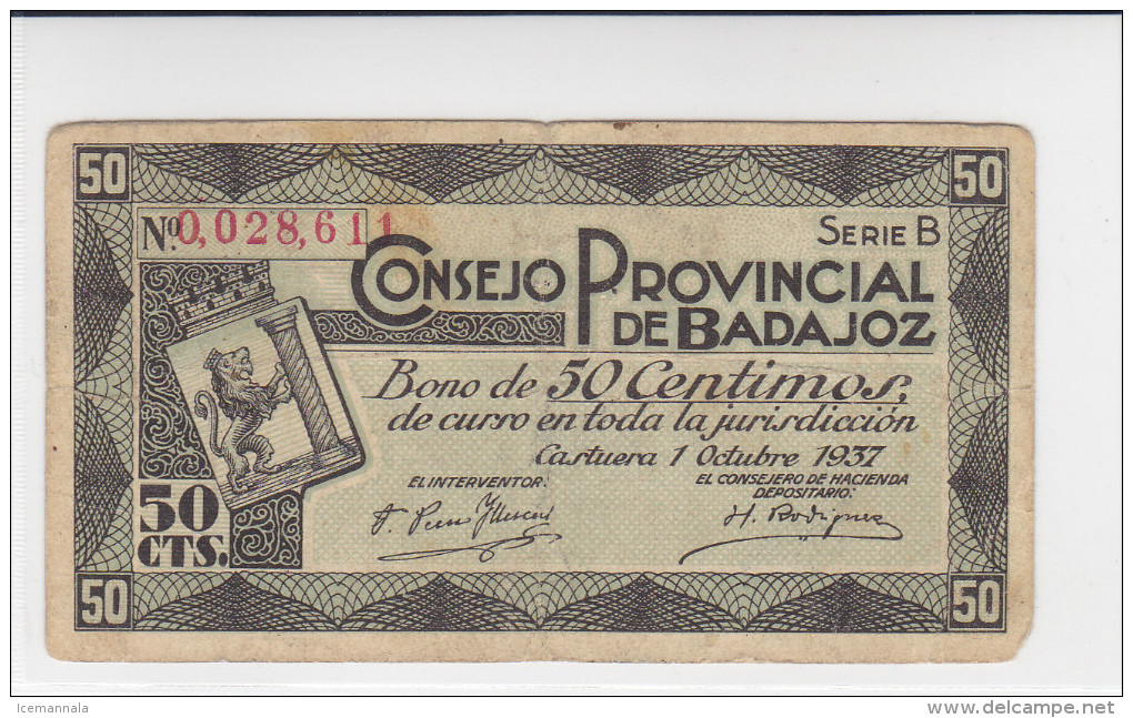 BILLETE LOCAL GUERRA CIVIL  50 CTS CONSEJO PROVINCIAL DE BADAJOZ - Autres & Non Classés