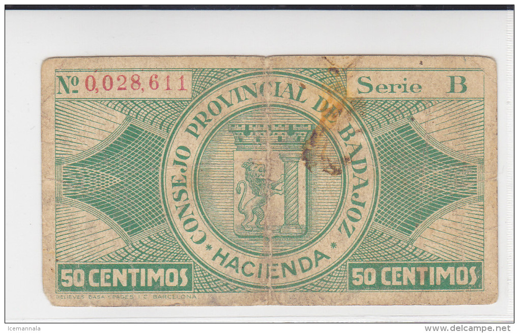 BILLETE LOCAL GUERRA CIVIL  50 CTS CONSEJO PROVINCIAL DE BADAJOZ - Autres & Non Classés