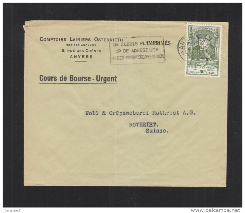 Couvert Cours De Bourse 1952 Anvers - Briefe U. Dokumente