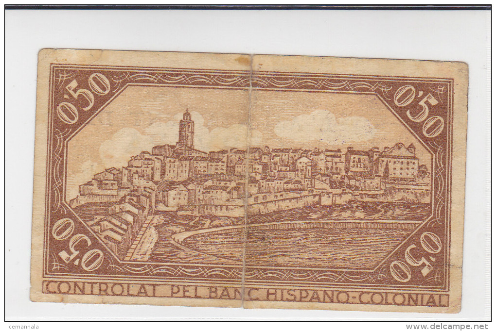 BILLETE LOCAL GUERRA CIVIL  50 CTS AYUNTAMIENTO DE CERVERA - Autres & Non Classés