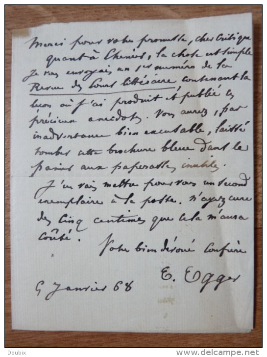 Emile EGGER (1813-1885) Helléniste. Académie Inscriptions & Belles Lettres - AUTOGRAPHE. - Autres & Non Classés