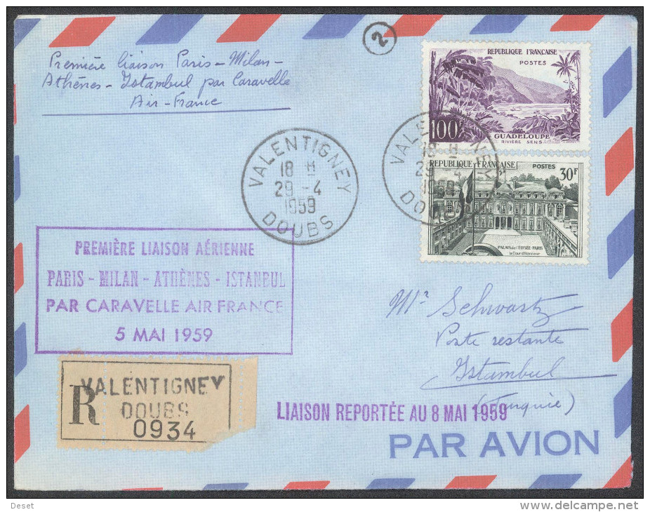 Air France 1959 First Flight Caravelle Registered Cover Paris - Istanbul - First Flight Covers