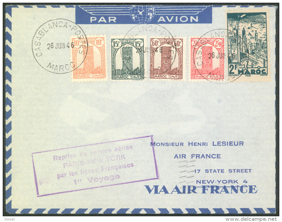 Air France 1946 Flight Cover Casablanca - New York - Primeros Vuelos