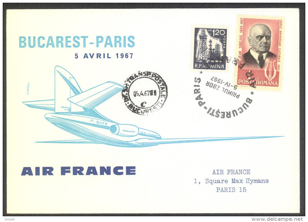 Air France 1967 First Flight Covers Paris - Bucharest - Paris - Primeros Vuelos