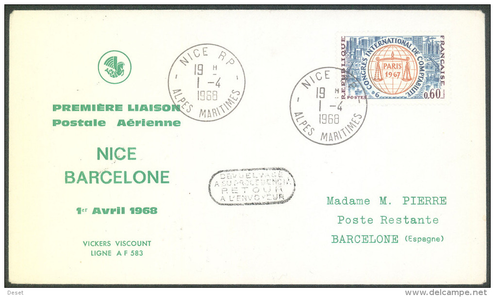 Air France 1968 First Flight Cover Nice - Barcelona - Primeros Vuelos