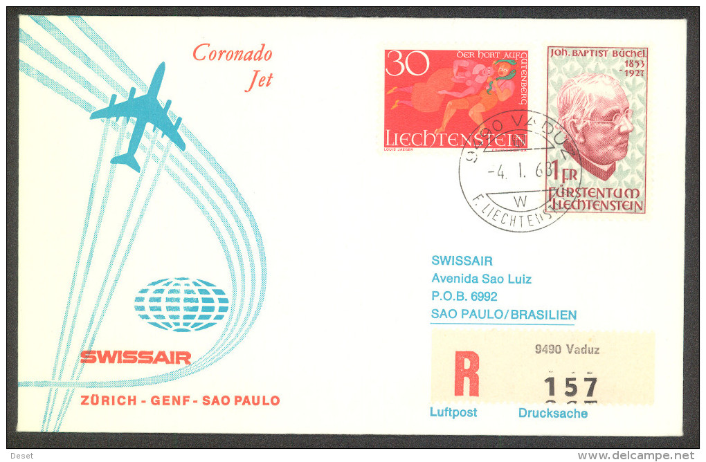 Swissair Coronado Jet 1968 Zuerich - Sao Paolo Registered Vaduz First Flight Cover - Aéreo