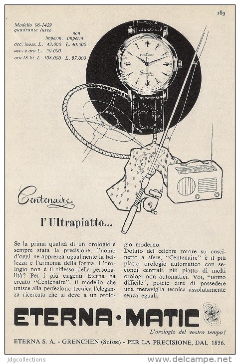 # ETERNA-MATIC GRENCHEN SUISSE HORLOGERIE 1950s Italy Advert Publicitè Reklame Orologio Montre Uhr Reloj Relojo Watch - Werbeuhren