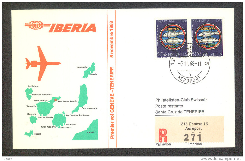 Iberia 1968 Geneve - Tenerife Registered First Flight Cover  Please See Scan For Quality! - First Flight Covers