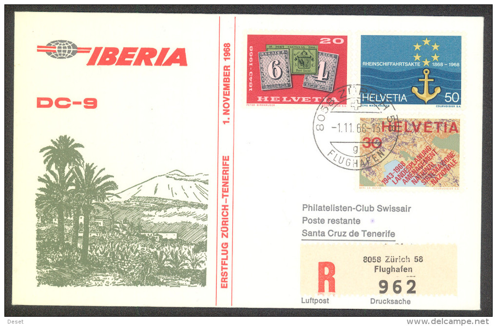 Iberia 1968 Zuerich - Tenerife DC-9 Registerd First Flight Cover - First Flight Covers