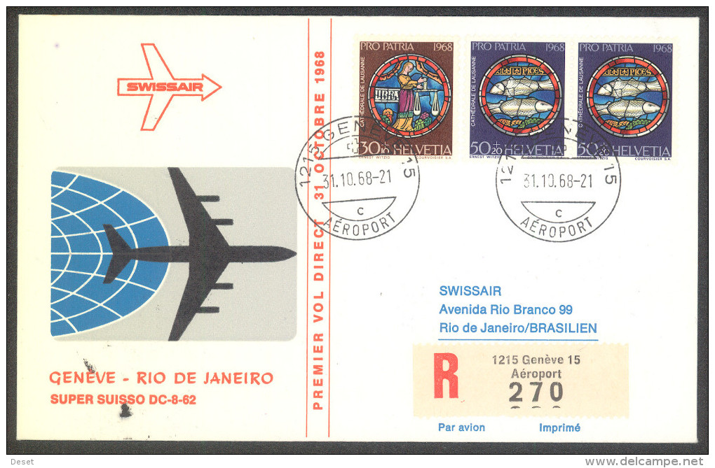 Swissair 1968 Geneve - Rio De Janeiro Registerd First Flight Cover - Premiers Vols