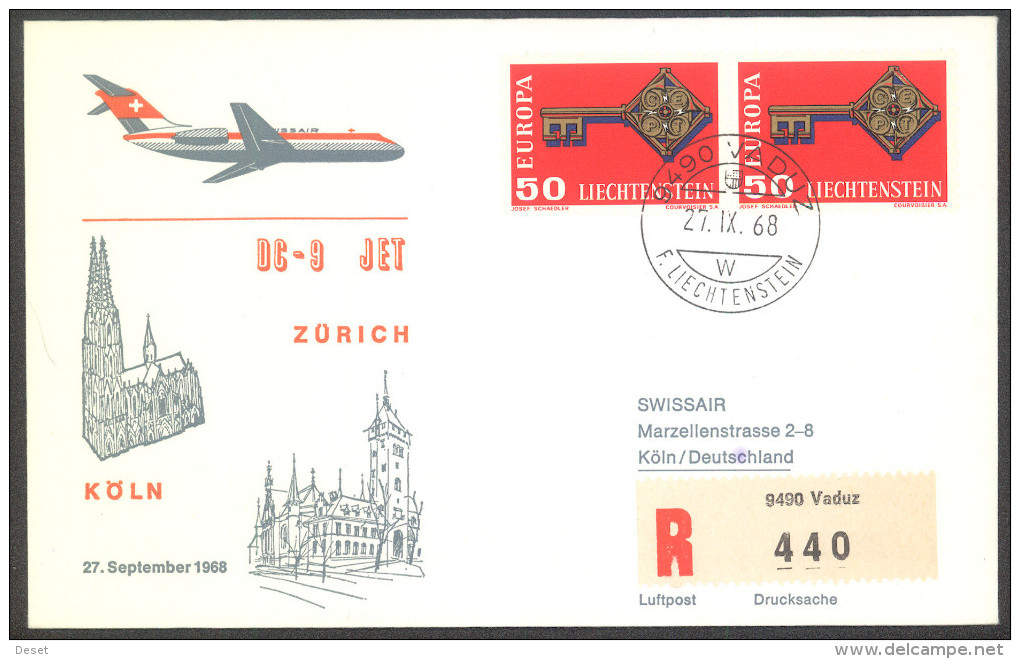 Swissair 1968 Zuerich - Koeln Registerd Vaduz First Flight Cover - Poste Aérienne