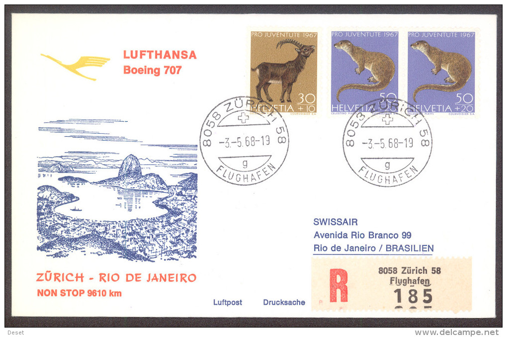 Lufthansa 1968 Zuerich - Rio De Janeiro Boeing 707 Registered First Flight Cover - Premiers Vols