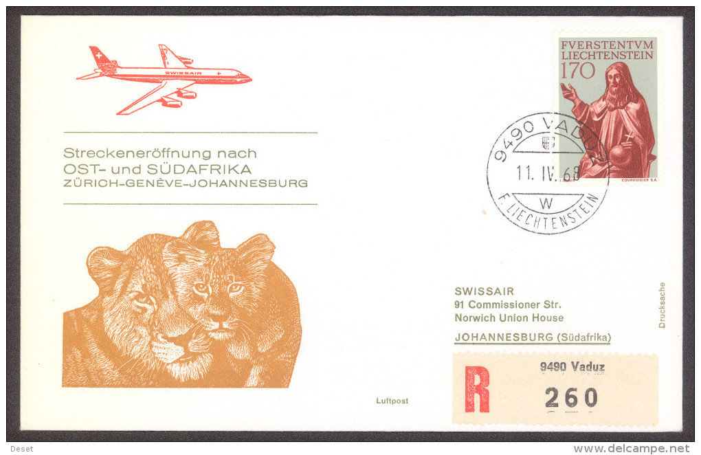 Swissair 1968 Zuerich - Johannesburg Registered Vaduz First Flight Cover - Poste Aérienne